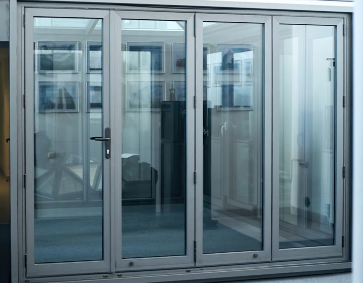 Commercial aluminium double doors in light grey with large glazed panels and secure handles